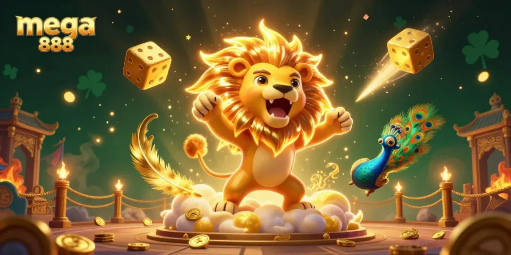 Experience the thrill of mega 888 with a stunning 3D illustration showcasing golden dice, a roaring lion, and dynamic casino elements.