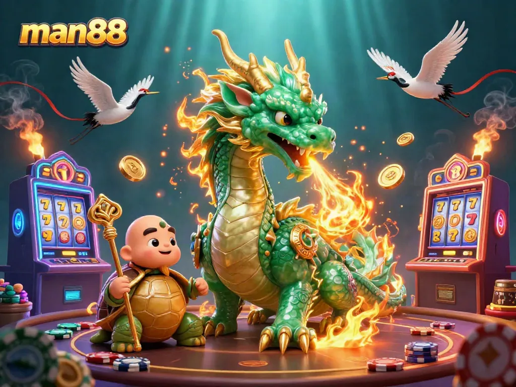 An epic scene of man88 with a jade dragon, turtle sage, and cranes in a vibrant casino environment