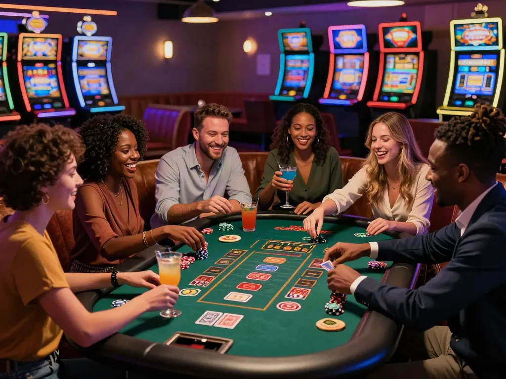 Friends celebrating at a non UK casino lounge, enjoying games and cocktails.