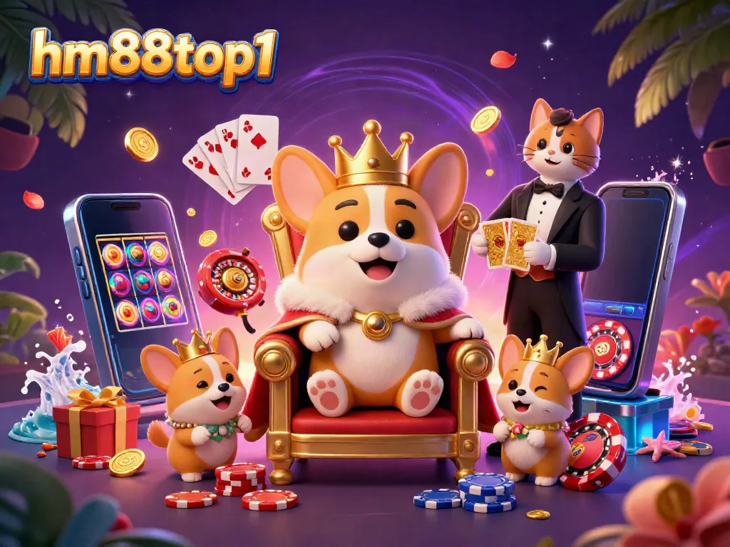Win big with HM88top1 in this vibrant 3D casino scene featuring royal corgis and exciting games.