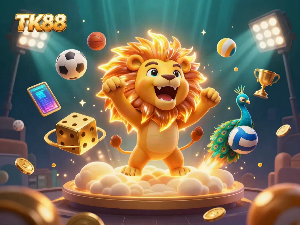 Engage in thrilling games at TK88 with a lively 3D illustration showcasing vibrant casino elements.