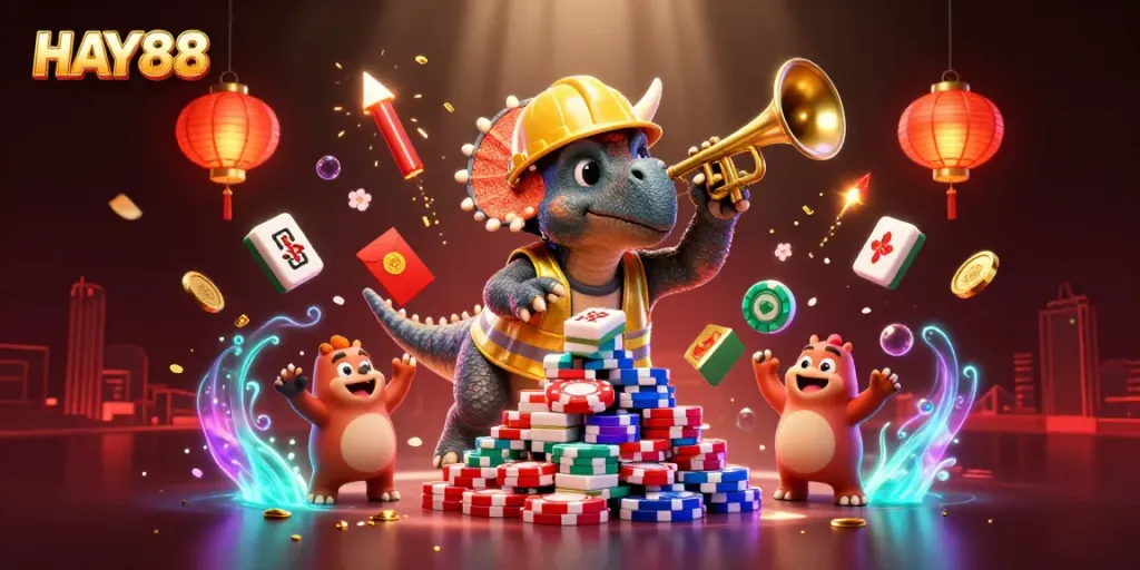 HAY88 triceratops builds a poker chip pyramid amidst a vibrant casino celebration.