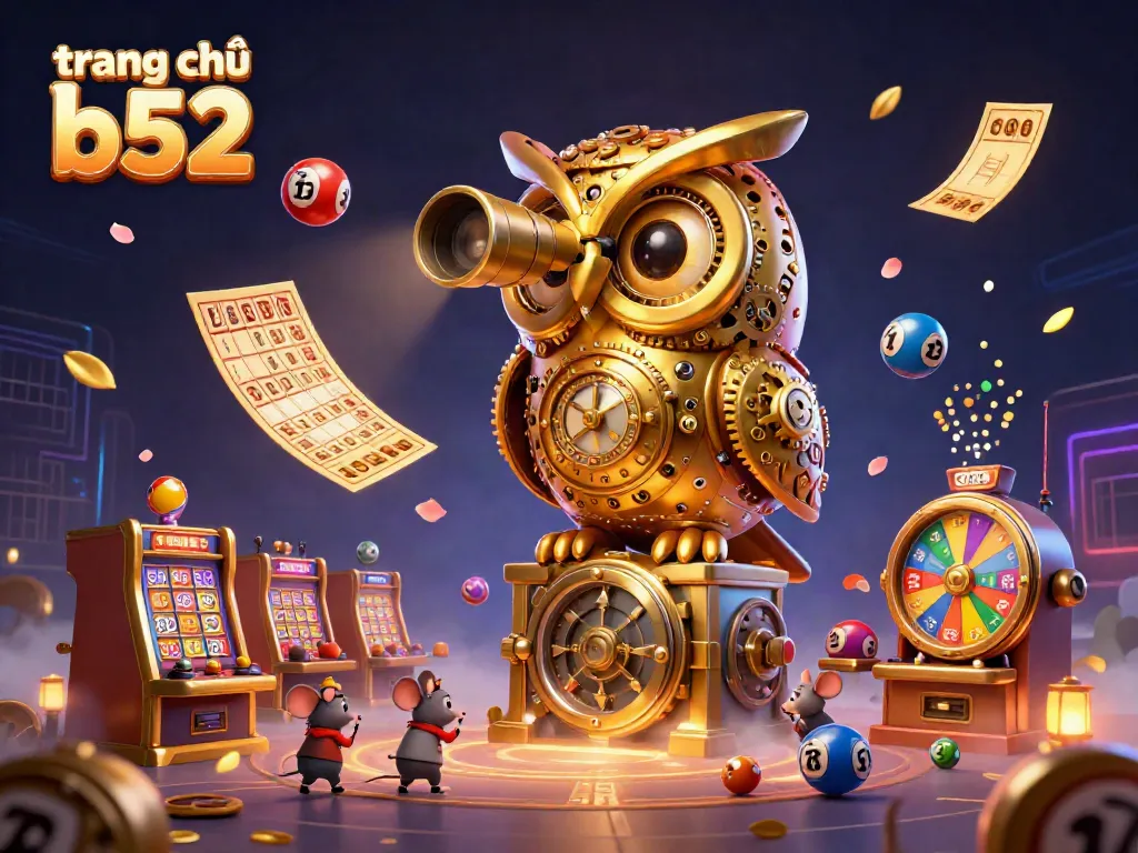 Experience the excitement at trang chủ b52 with a dazzling casino scene featuring a golden owl and vibrant game elements.