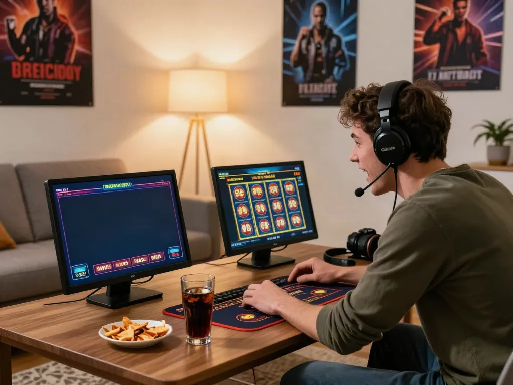Engaged player enjoying non UK casino games on a laptop in a cozy living room.