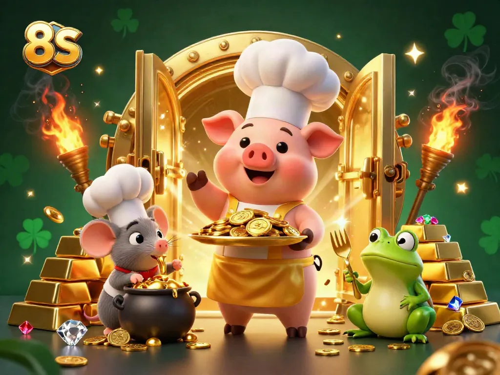 Experience the excitement of 8S with golden treasures and lively characters in this 3D illustration.