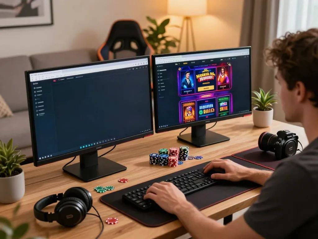 Player enjoying a non UK casino game at home with vibrant interface.