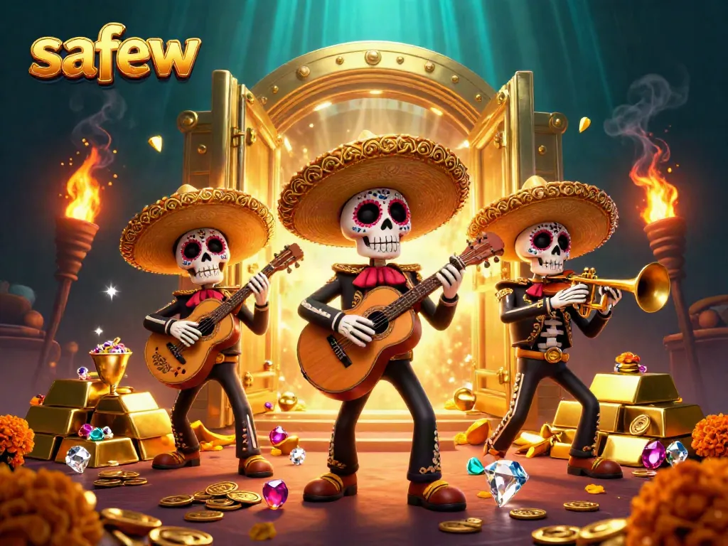 Experience safew gaming excitement with a vibrant mariachi band amidst gold treasures.