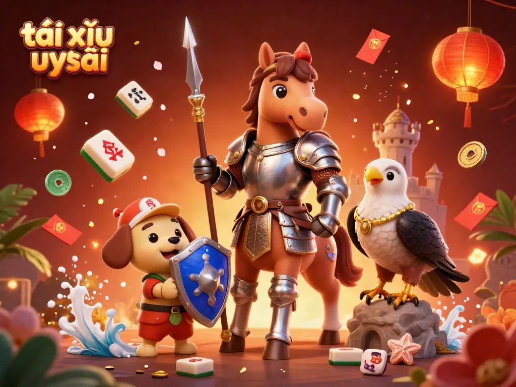 Engage in tài xỉu uy tín action with a knight, a squire, and a falcon in a vibrant casino-themed illustration.