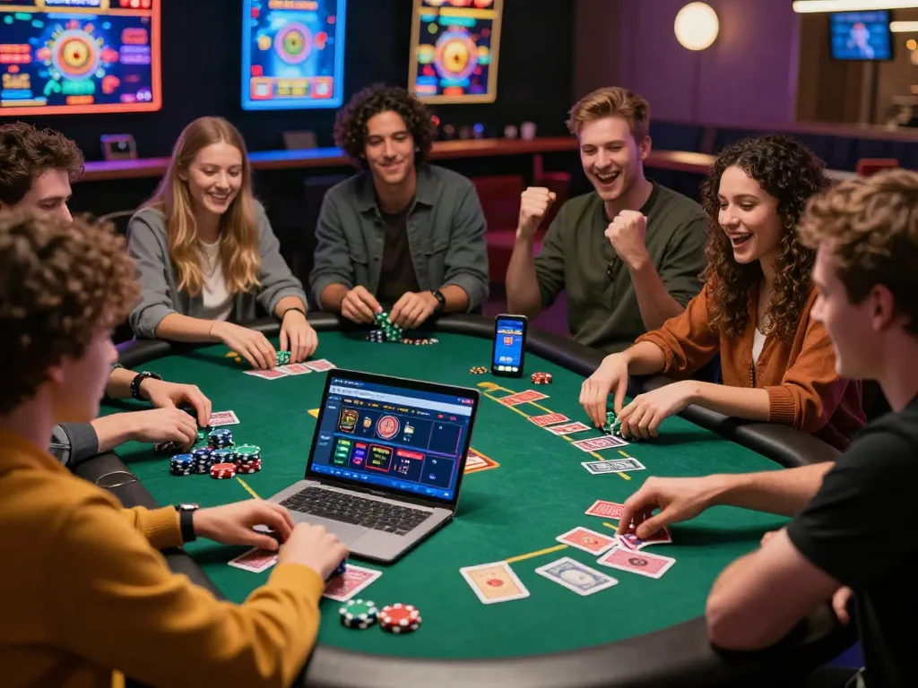 Group enjoying a lively non UK casino game night with poker and roulette action.
