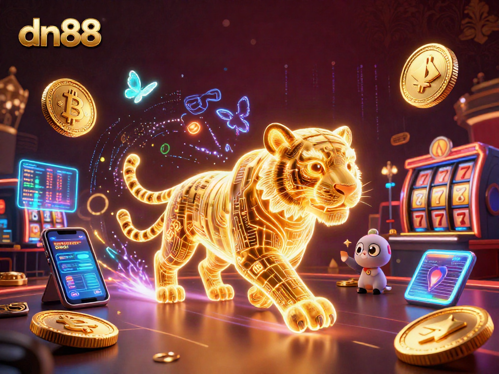 Experience the electrifying world of dn88 with a dynamic digital casino scene filled with slot machines and glowing cryptocurrency.