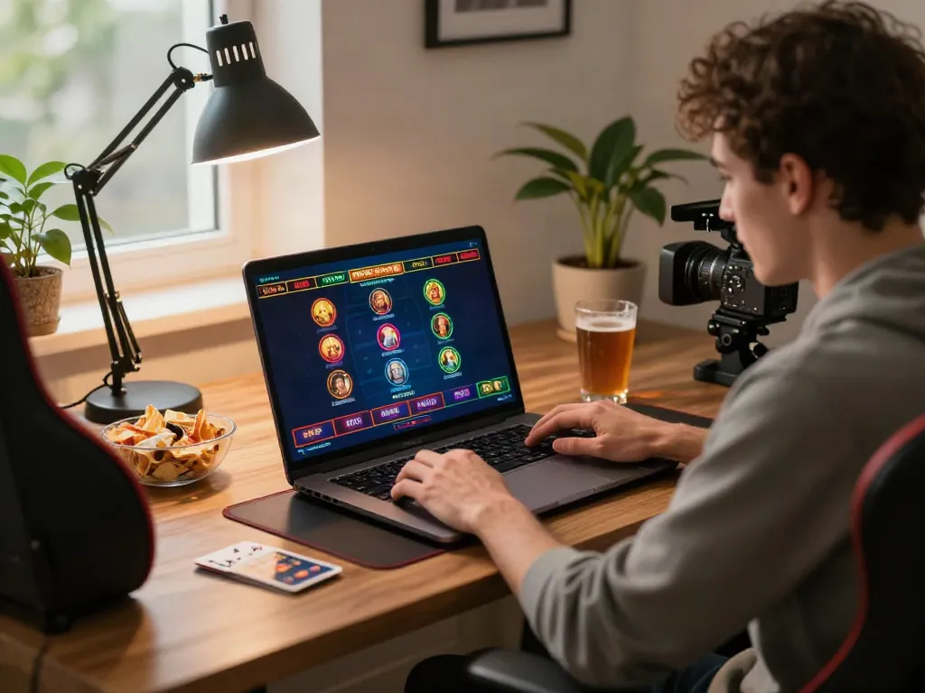 Player enjoying a vibrant non UK casino game on a laptop at home, immersed in the gaming experience.