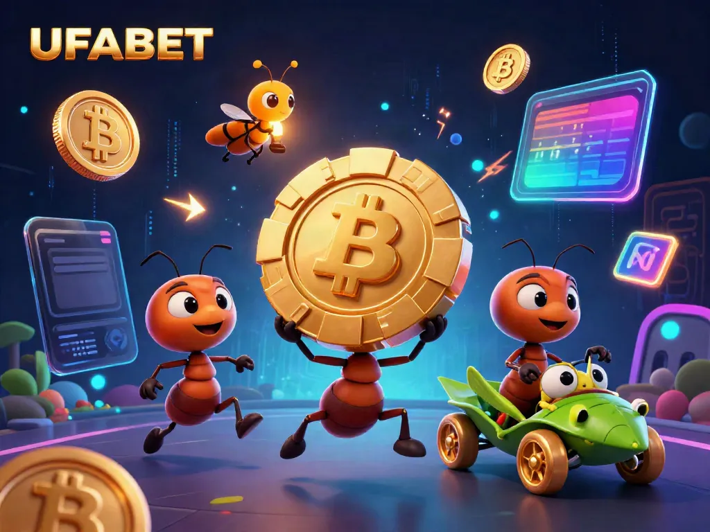 Engage in the thrilling heist with UFABET's playful ants carrying a giant poker chip among crypto elements.