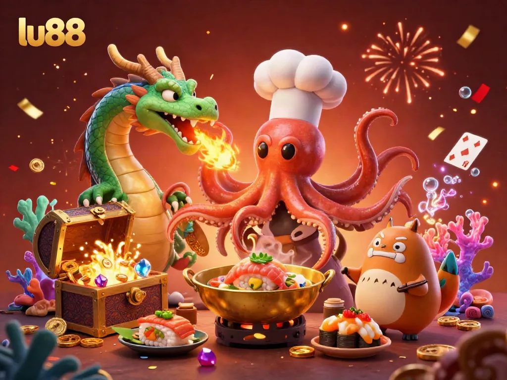 Experience the excitement of lu88 with a vibrant casino scene featuring an octopus chef and a dragon in an underwater setting.