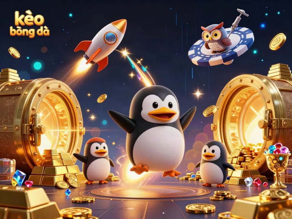 Bet on kèo bóng đá with the golden penguin spaceship and dazzling casino elements in this vibrant illustration.