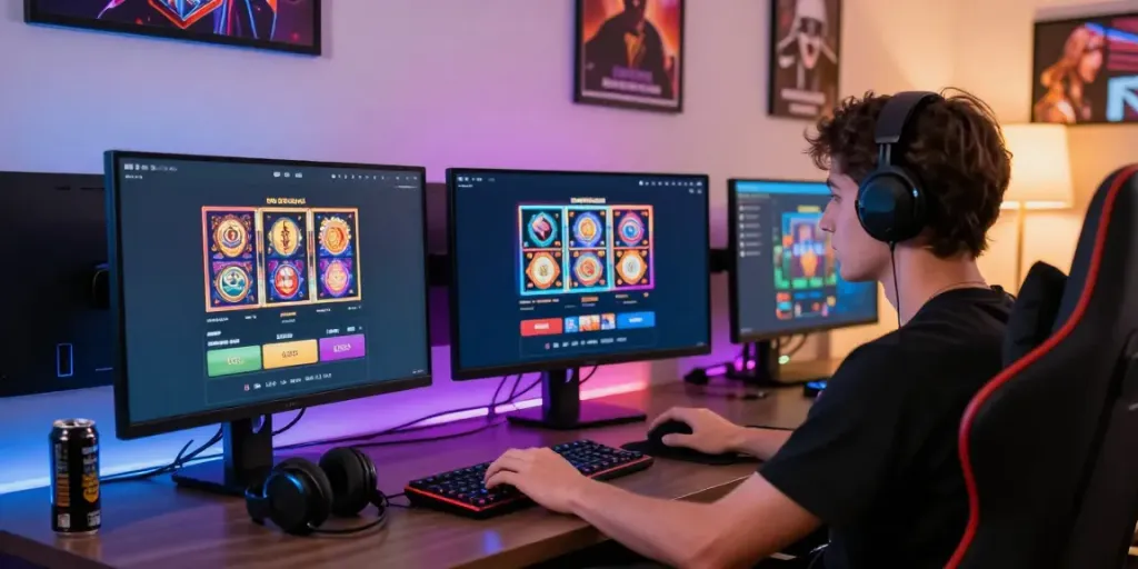 Engaging user experience at a non UK casino gaming setup, showcasing vibrant slot games and modern gaming hardware.