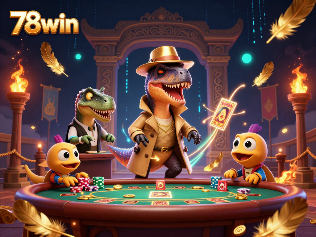 Engaging in gameplay at 78win with a cartoon velociraptor card counter and a stegosaurus pit boss