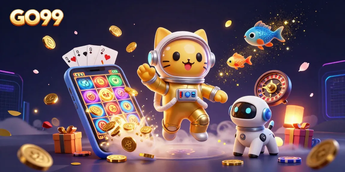 Win big with GO99 in this vibrant casino-themed 3D illustration featuring dynamic slot gaming elements.