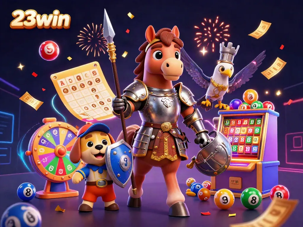 Engage with the thrilling world of 23win through a dynamic casino illustration filled with lottery and gaming elements.