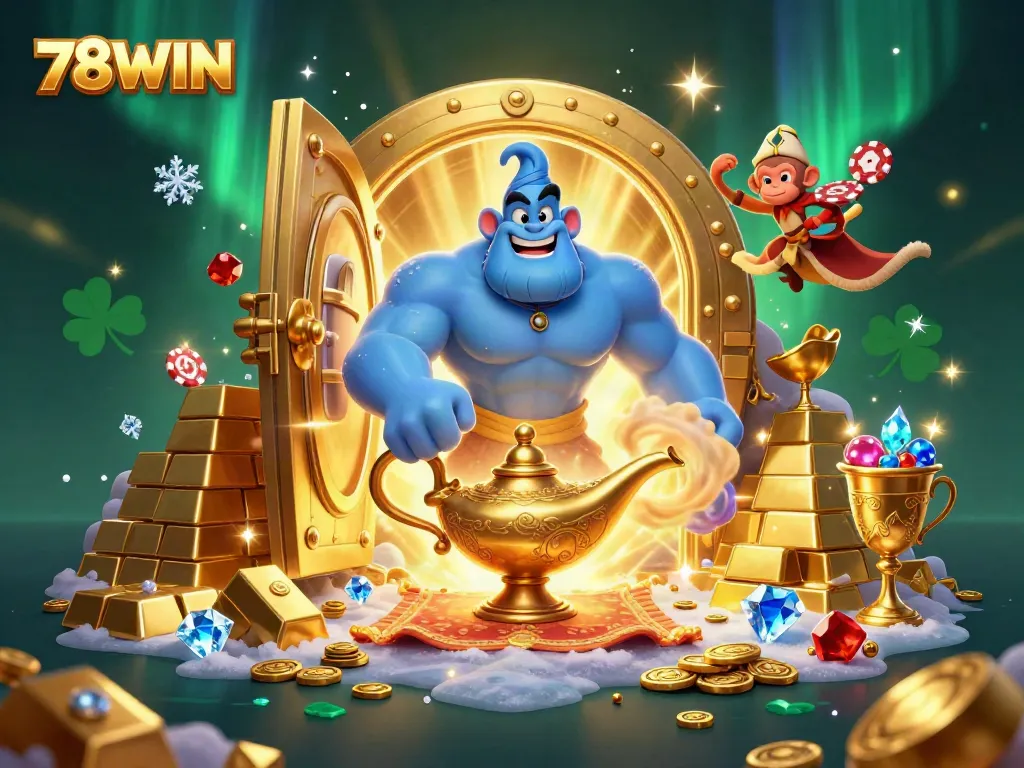 Engage with thrilling action at 78WIN as a muscular genie bursts forth from a magical lamp amidst treasures.