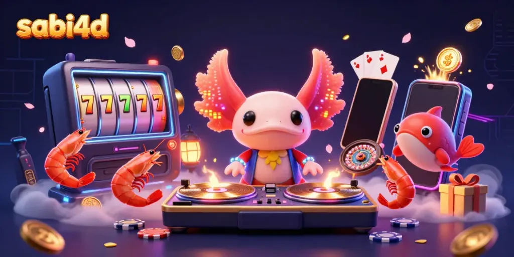 Menggairahkan permainan dengan SABI4D: DJ Axolotl neon beraksi, dikelilingi slot game dan koin emas.