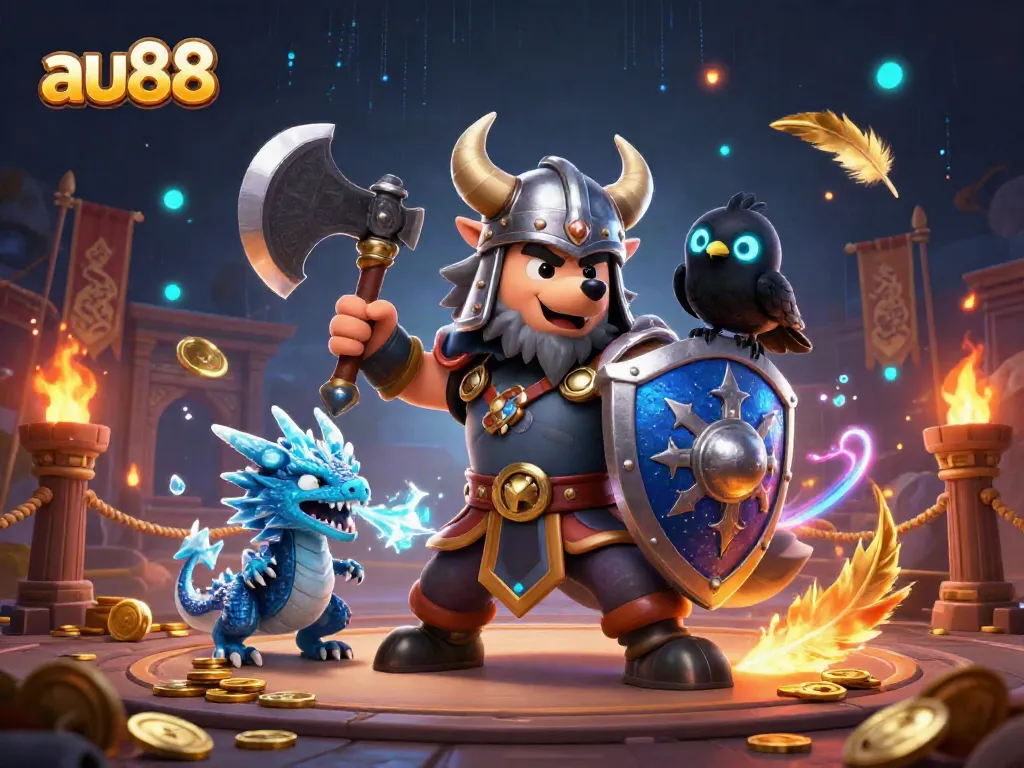 Experience thrilling gameplay at au88 with heroic Viking wolf and dragon in a vibrant casino scene.