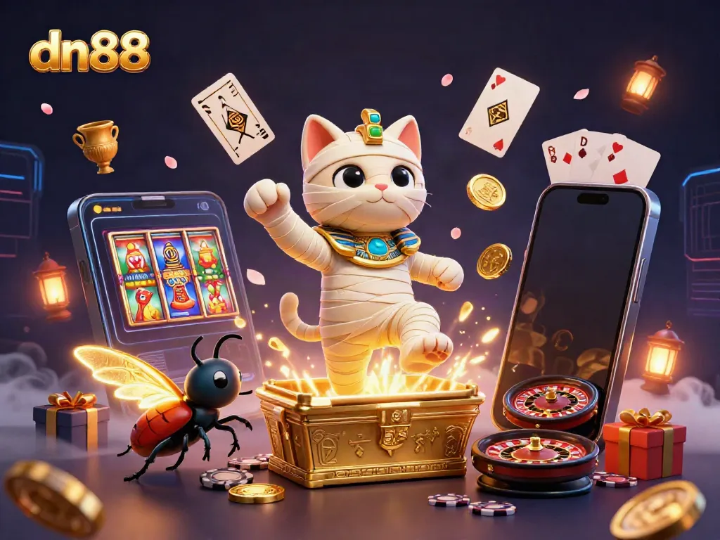 Join the thrilling adventure of dn88 as an Egyptian mummy cat bursts from its sarcophagus amid casino games.