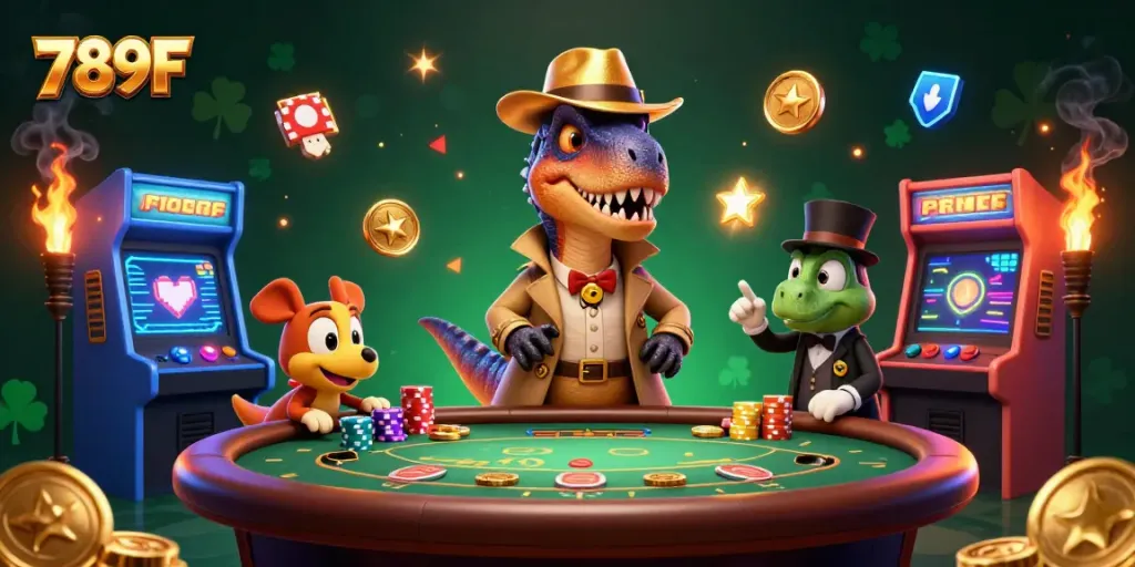 Experience high-stakes gaming with 789F, featuring a velociraptor card counter in a dynamic casino scene.