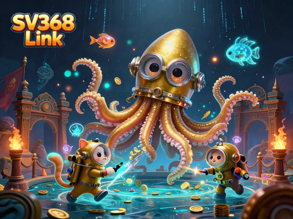Experience the thrill of the SV368 Link with a dynamic underwater scene featuring a kraken and a diving cat.