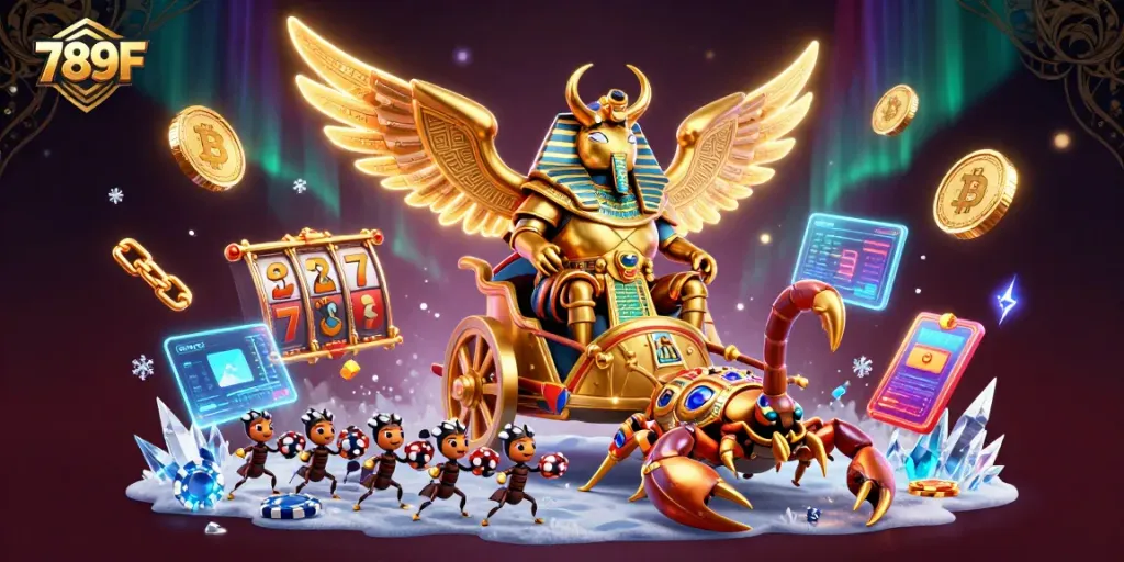 Engage with the thrilling world of 789F and its dynamic casino atmosphere filled with vibrant characters and crypto elements.