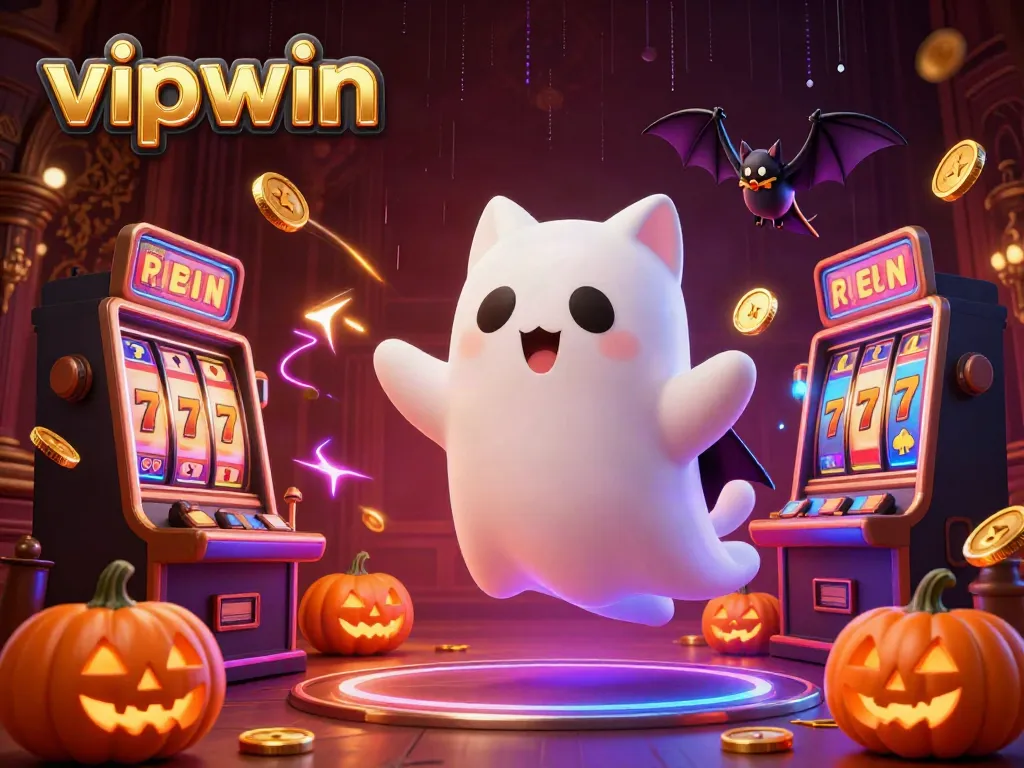 Experience the thrilling atmosphere of vipwin with a ghost cat and bat in a haunted casino.