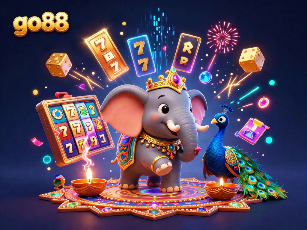 Engage with go88's vibrant casino experience showcasing a Diwali-themed elephant, spinning slot reels, and festive elements.