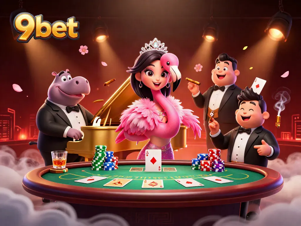 Experience the vibrant atmosphere of 9bet's casino with a lively flamingo singer and hippo bassist.