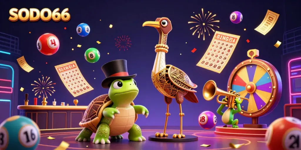 SODO66 captures vibrant casino energy with unique characters and dynamic gaming elements in a lively scene