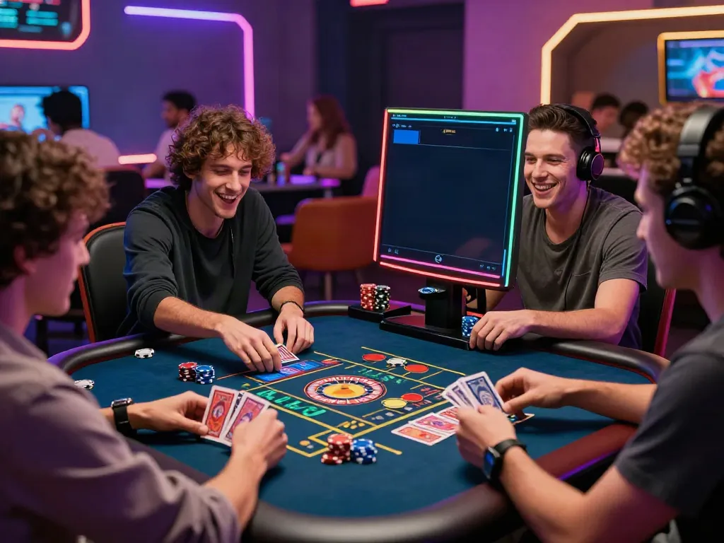 Friends enjoying a lively game at a non-UK casino, showcasing excitement and modern gaming elements.