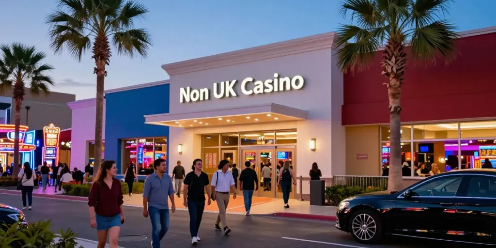 Vibrant casino entrance showcasing a "Non UK Casino" sign with patrons arriving for an exciting night.