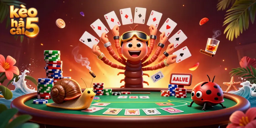 Engaging scene showcasing kèo nhà cái 5 with a cartoon millipede dealer and vibrant poker elements.
