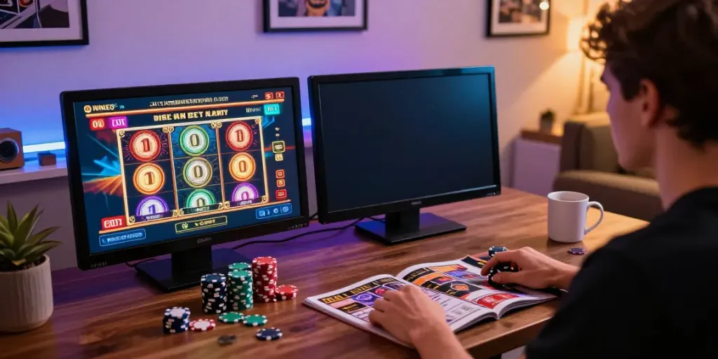 Non UK casino gaming scene with a player engaged at dual monitors and gaming elements.