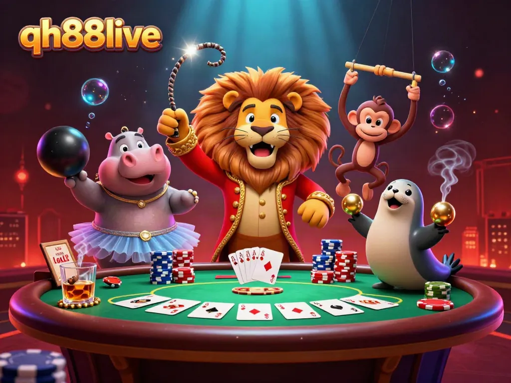 Experience thrilling plays at qh88live with colorful casino characters and dynamic poker elements.