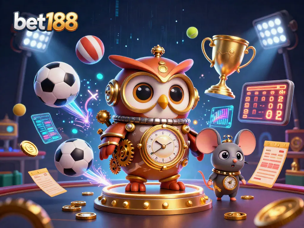 Engage with bet188 through an electrifying steampunk-inspired casino scene featuring sports elements and a dynamic atmosphere.