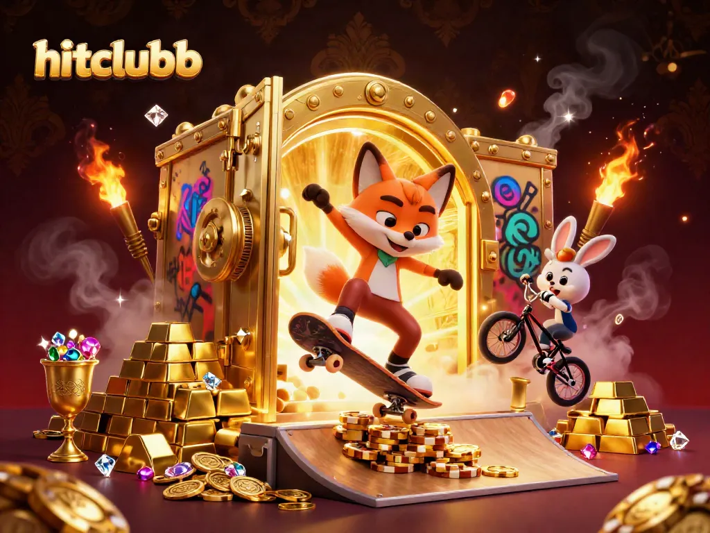Hitclubb's vibrant and dynamic gaming illustration showcasing a fox and rabbit in a casino setting.