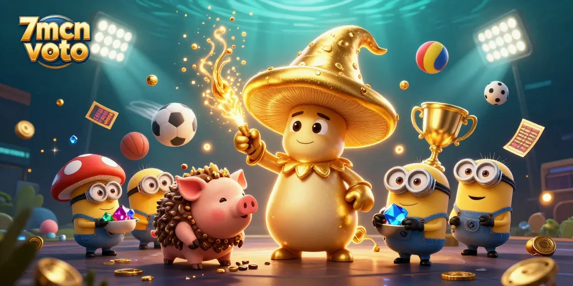 Engage with 7mcn voto through a lively scene featuring a golden mushroom wizard and dynamic betting elements.