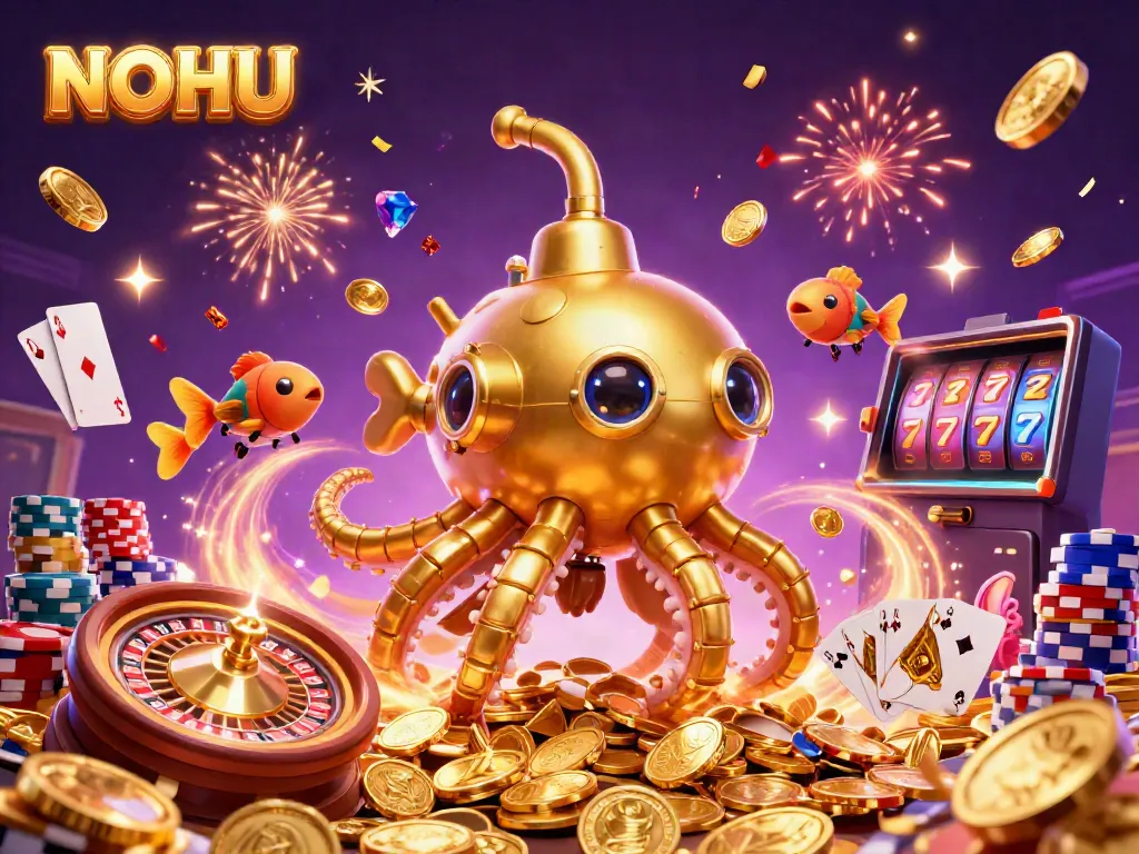Experience NOHU with a colorful 3D illustration that showcases a golden kraken amid golden coins, casino items, and festive sparkles.