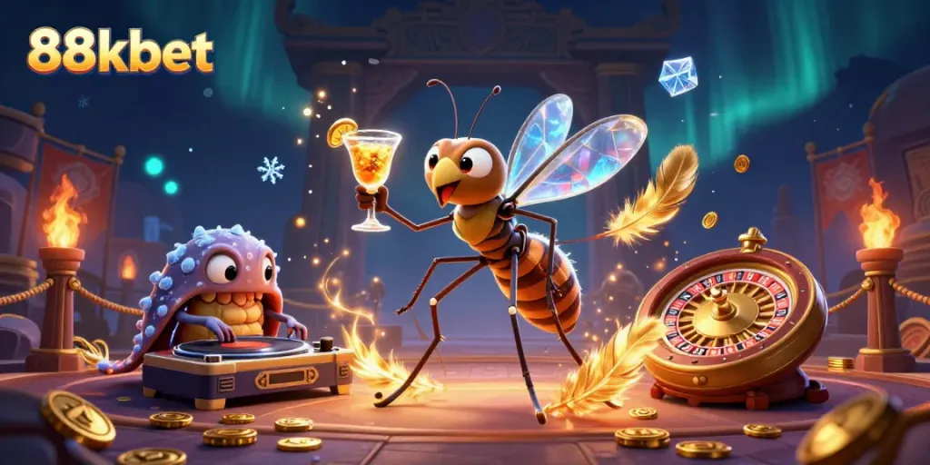 88kbet mascot brings excitement with a golden cocktail amidst a vibrant casino scene.