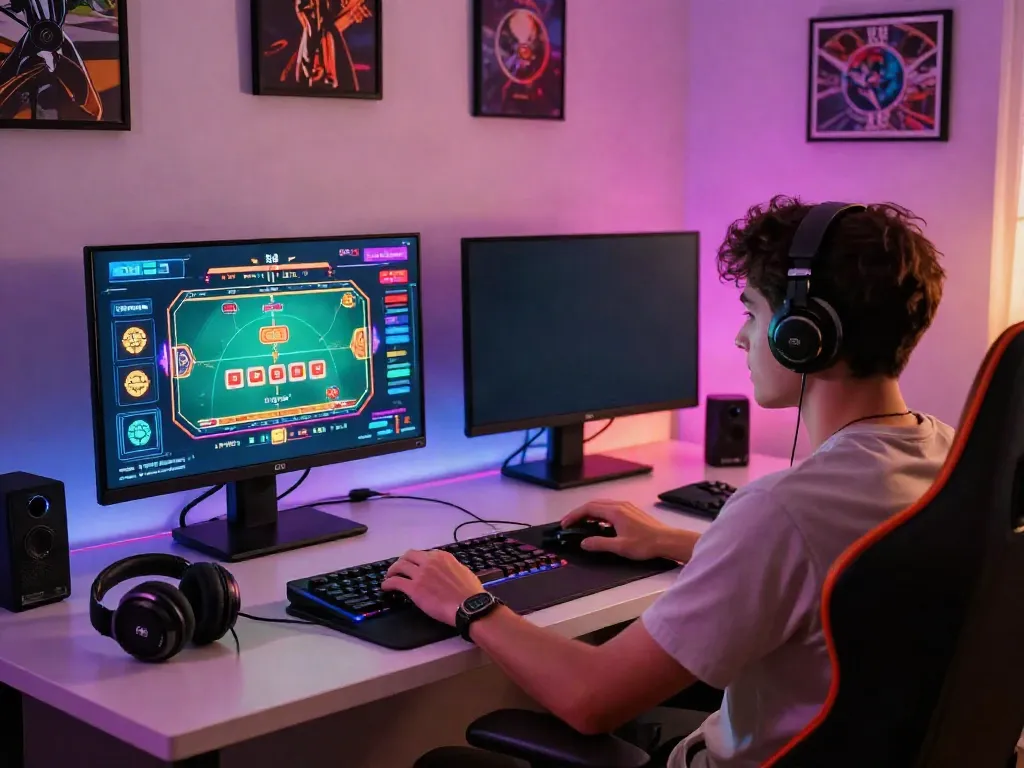 Engaged gamer enjoying a non UK casino experience at home with vibrant lighting and gaming setup.