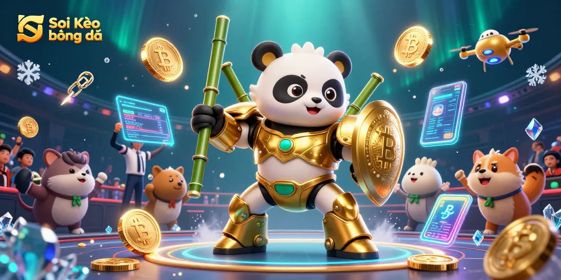 Soi Kèo bóng đá showcase featuring dynamic betting scene with crypto coins and panda robot in action
