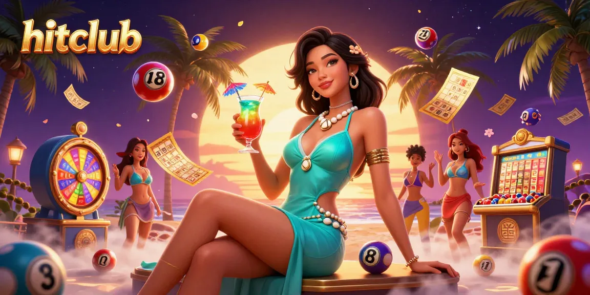 Hitclub vibrant scene showcasing a glamorous Asian woman at a beach casino surrounded by festive gaming elements.