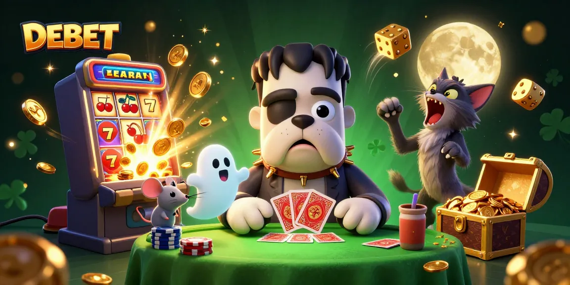 Experience DEBET with an energetic poker scene featuring a Frankenstein bulldog and lucky symbols.