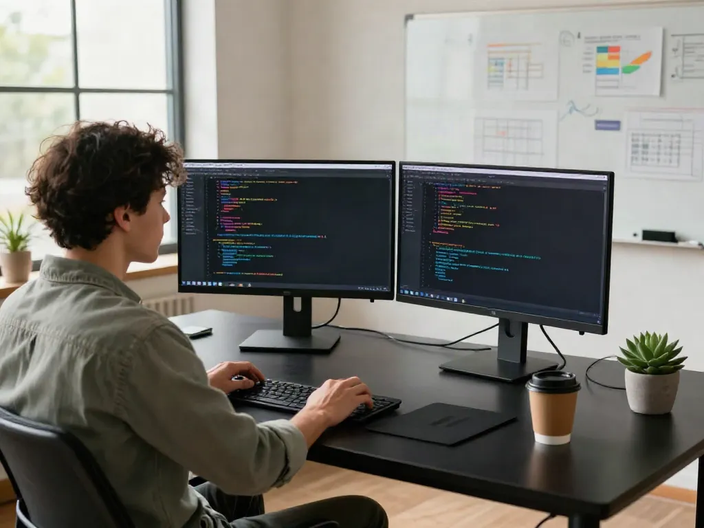 Engineer utilizing instant indexing tools at a tech workspace, surrounded by coding interfaces and natural light.