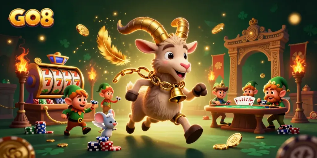 Experience the thrilling world of GO8 casino slots with festive characters and rich interactive elements.
