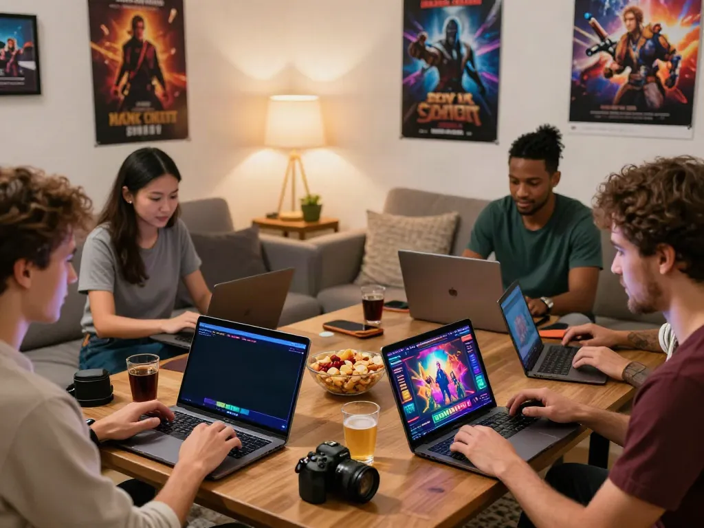 Friends playing online games in a cozy living room, highlighting non UK casino enjoyment.